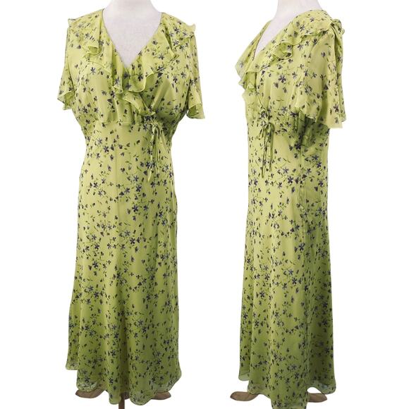 Vintage 90s Y2k Silk Floral Ruffled Maxi Dress Faux Wrap Lime Green Purple 16 - Picture 1 of 9